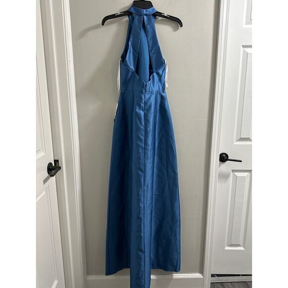 🔴
D772 by Alfred Sung HIGH-NECK SATIN DRESS WITH POCKETS Blue - Picture 6 of 8